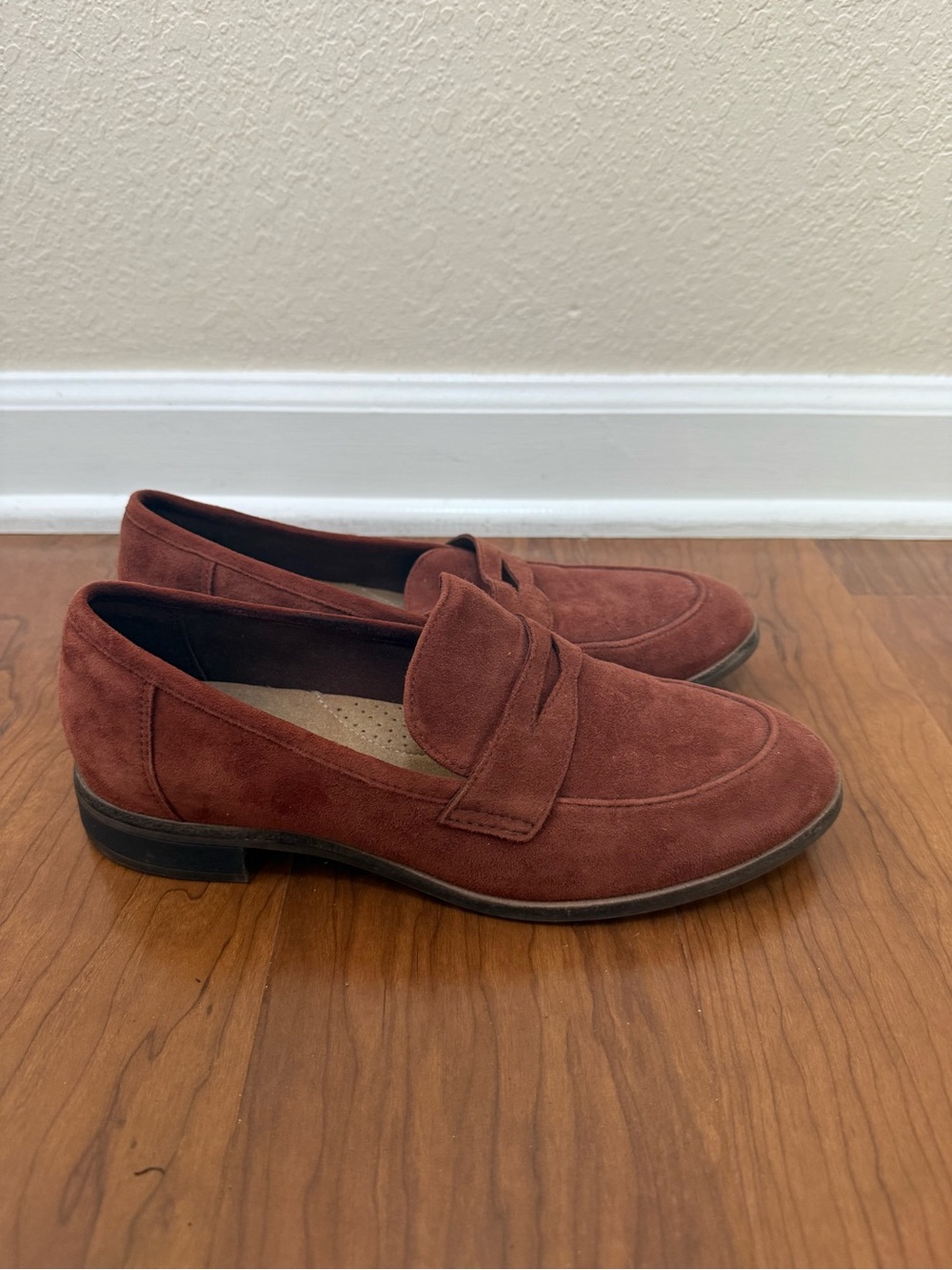 Clarks Women's Suede Penny Loafers in Rust Brown